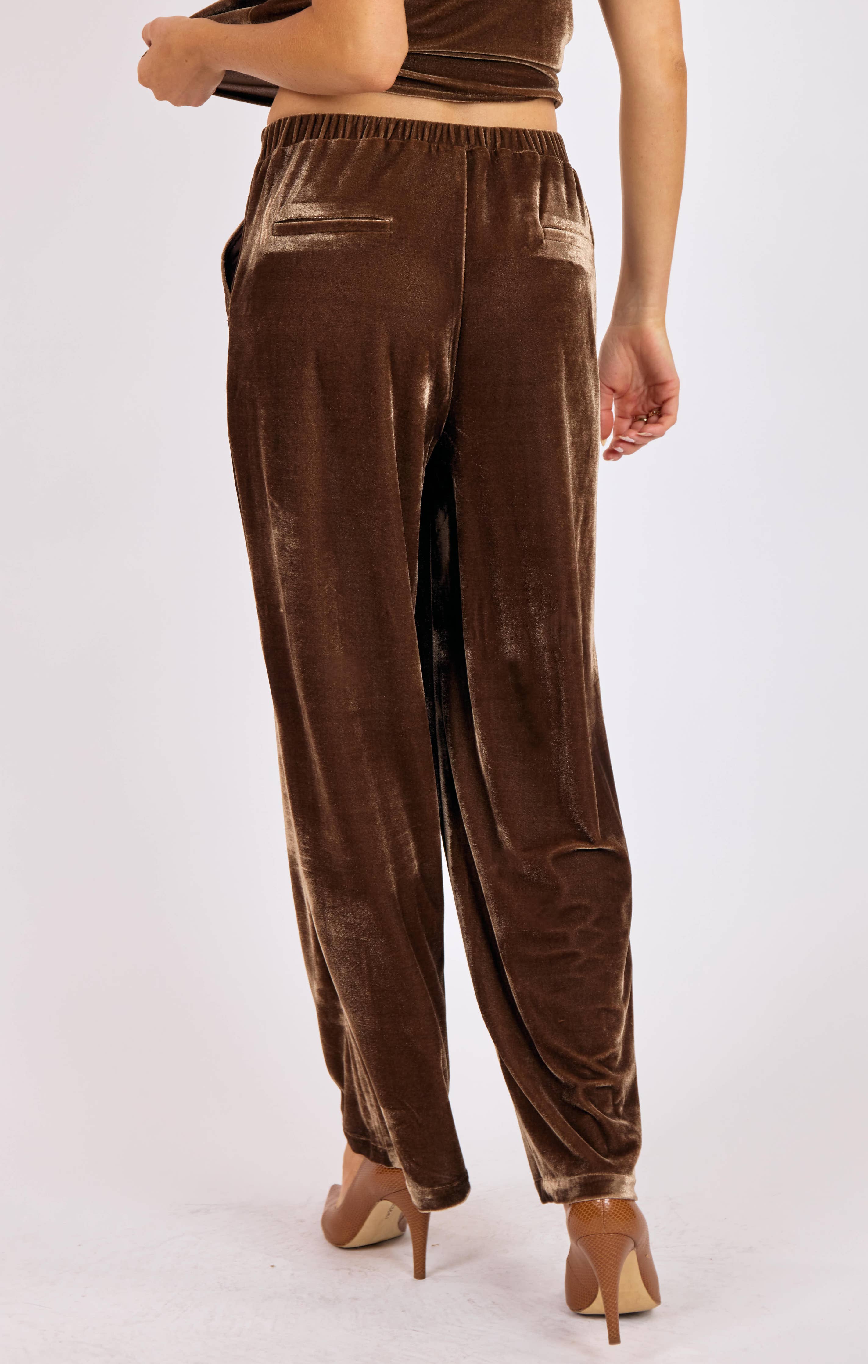 Twilight Spell Stretch Velvet Pin Tuck Trousers : MOCHA