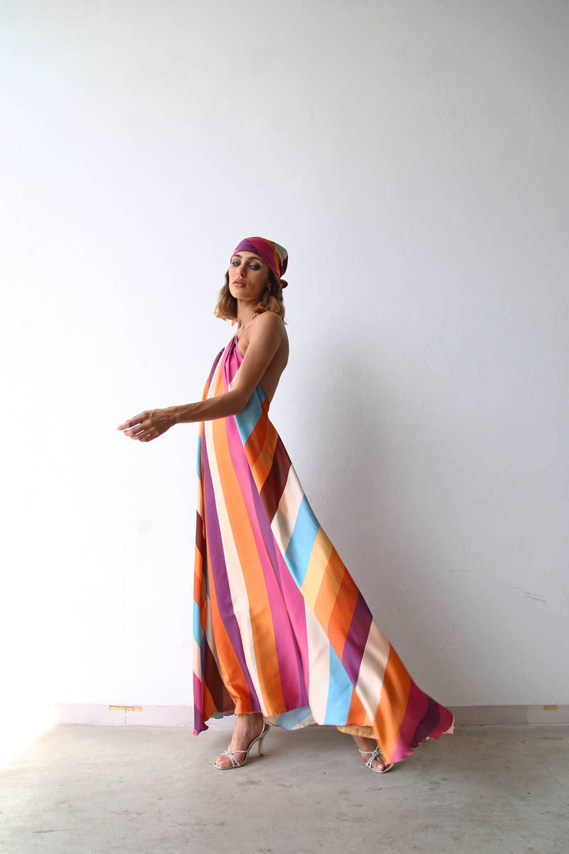 LONG DRESS WITH MULTICOLOR STRIPED CHAIN