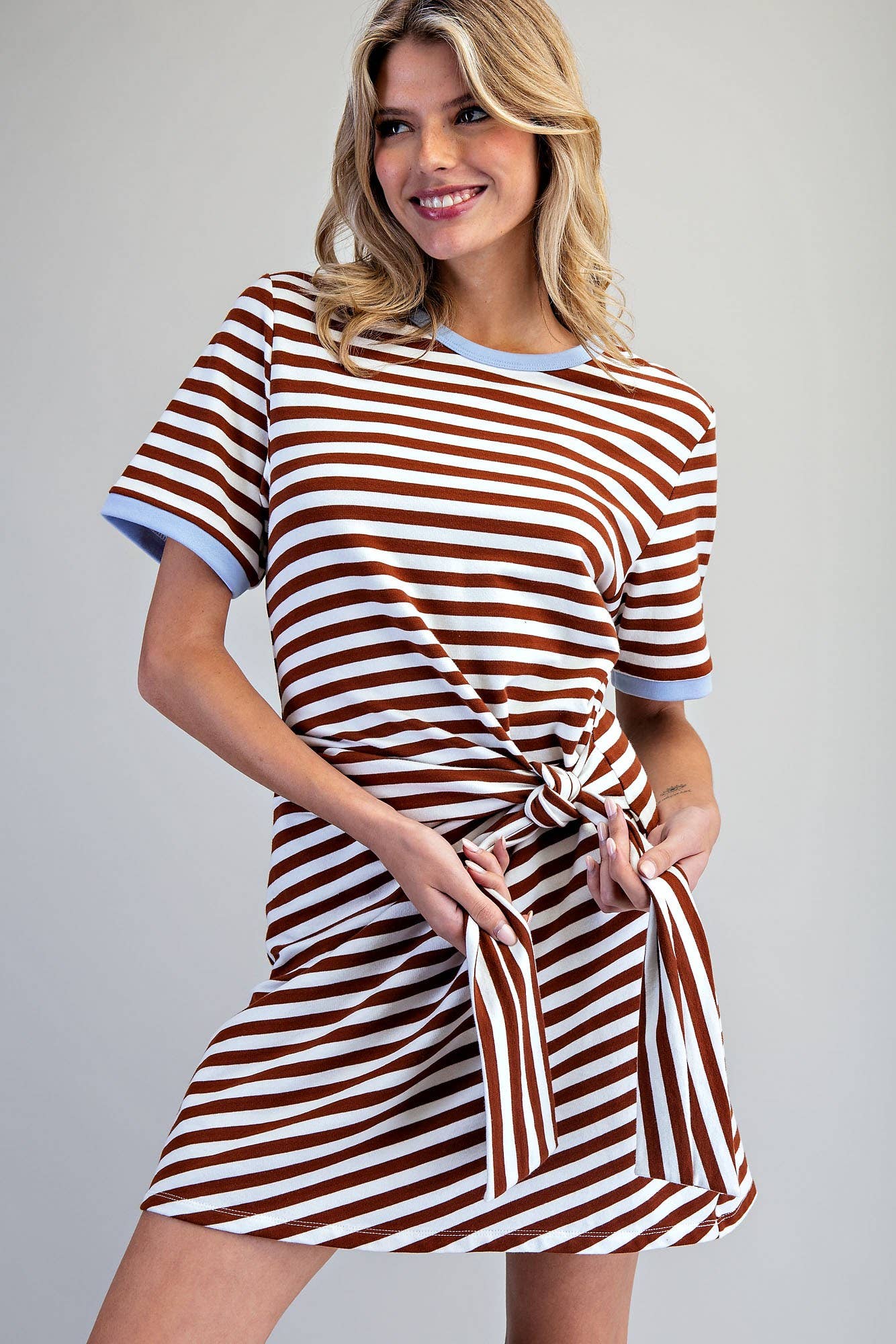 STRIPED WAIST TIE MINI DRESS