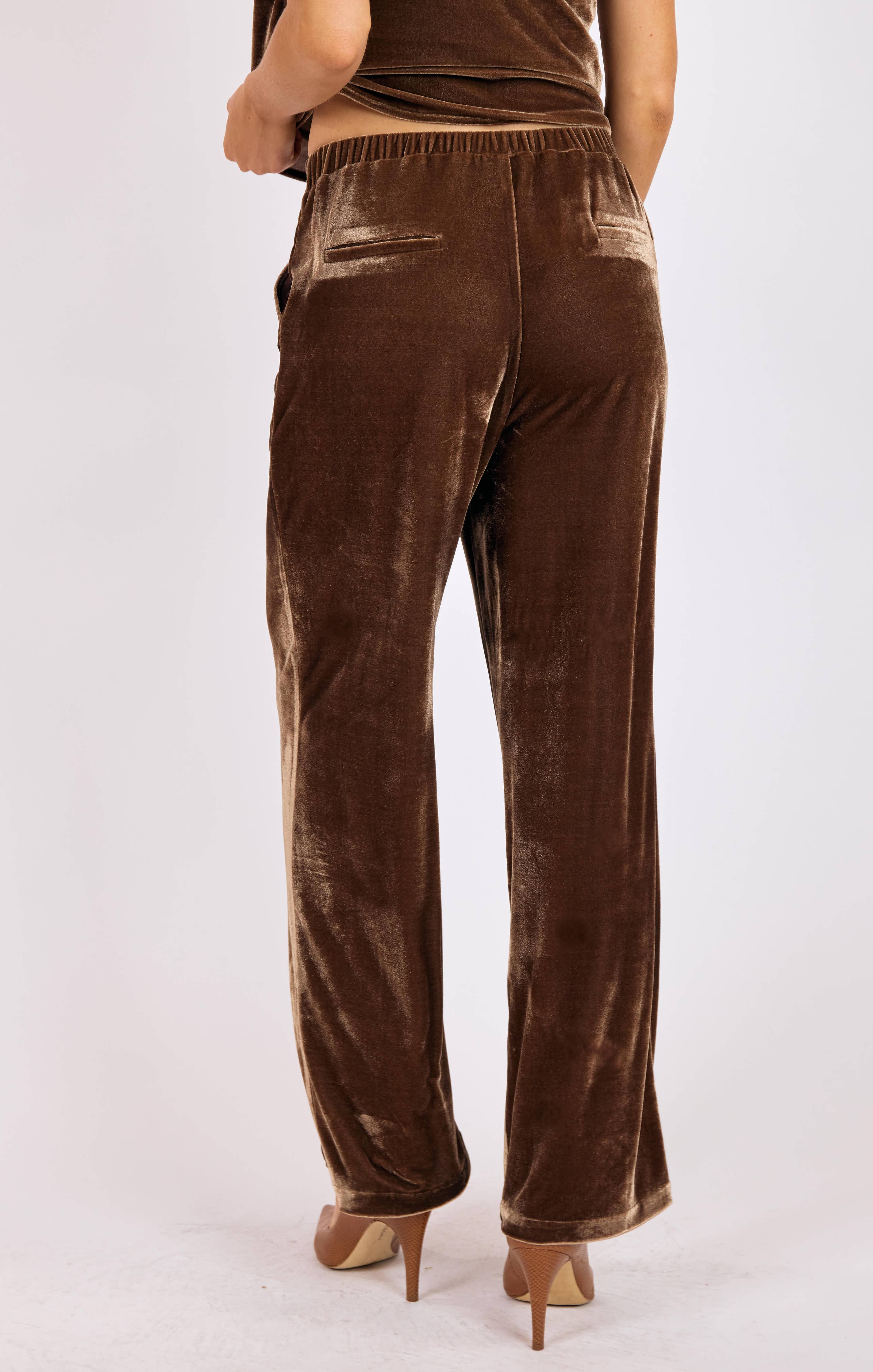 Twilight Spell Stretch Velvet Pin Tuck Trousers : MOCHA