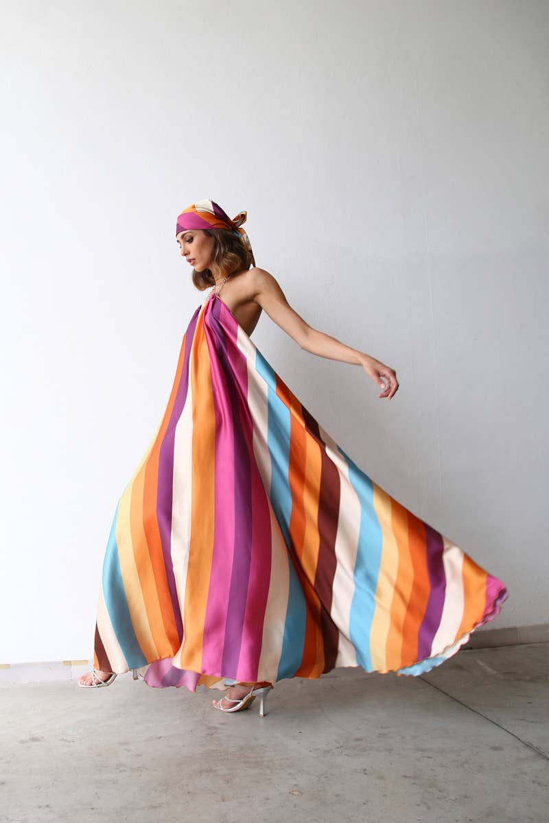 LONG DRESS WITH MULTICOLOR STRIPED CHAIN