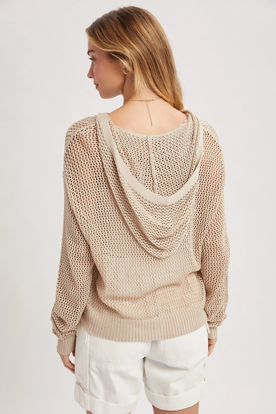 OPEN-KNIT BUTTON-UP HOODED SWEATER
