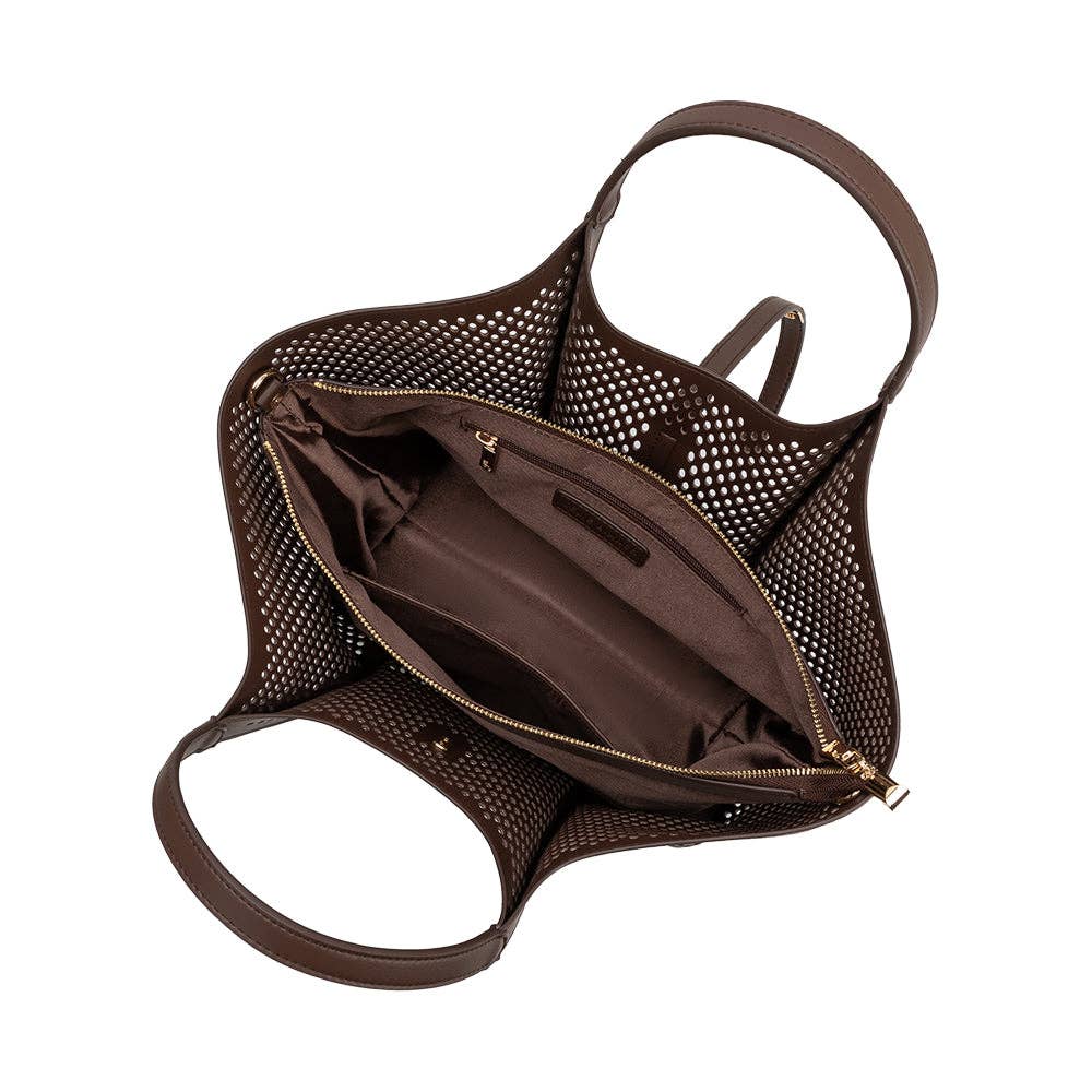 Malia Chocolate Laser Cut Leather Tote Bag
