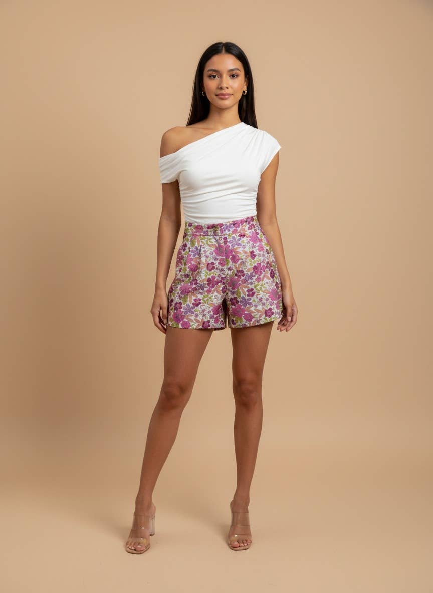 MULTICOLOR HIGH WAIST EMBROIDERED SHORTS WITH POCKETS