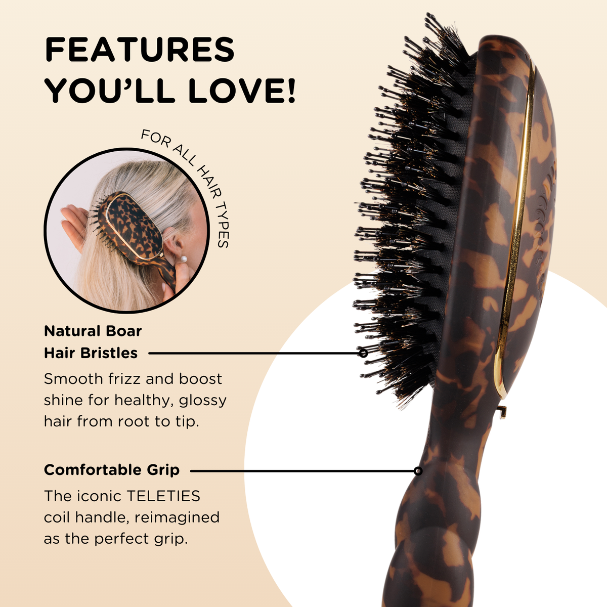 Teleties Boar Brush | Full Size | Tortoise Brush