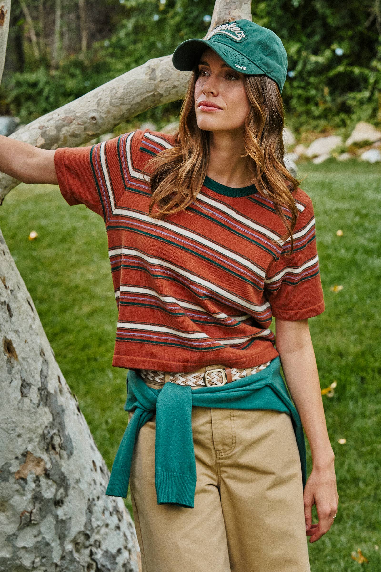 Striped Knit Ringer Tee With Crew Neck