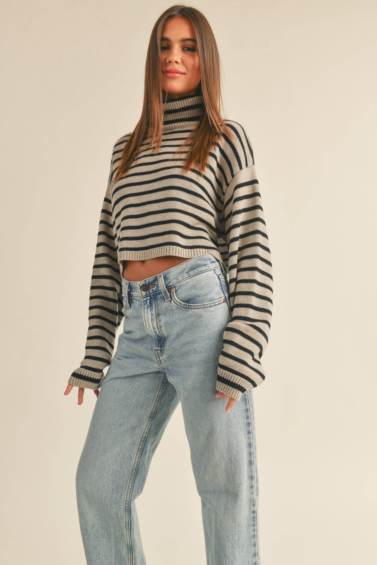 STRIPED TURTLENECK CROP SWEATER