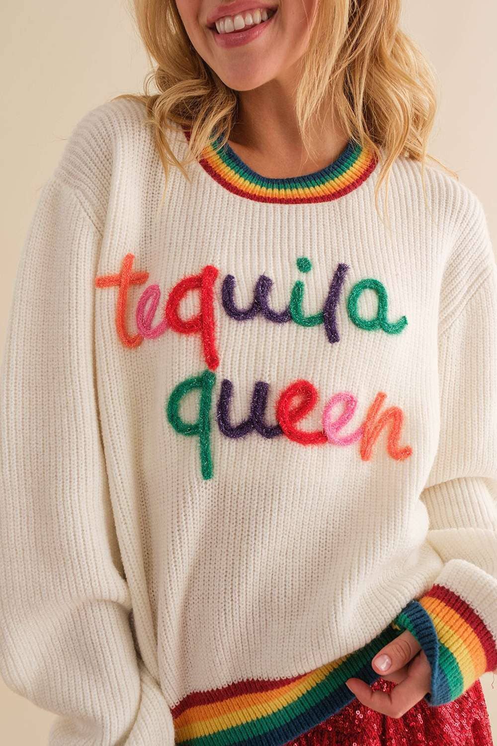 Tequila Queen Sparkle letter Rainbow rib Sweater