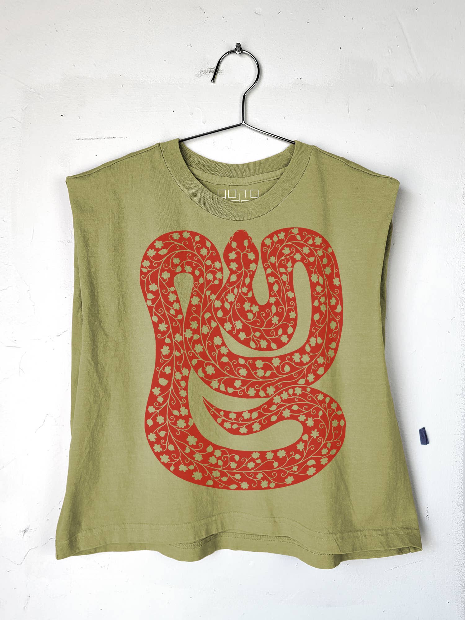 Green tank top with red snake design on a white background