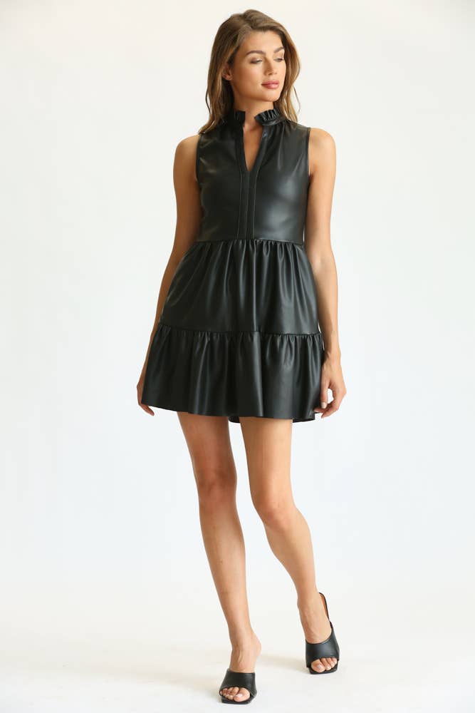 FAUX LEATHER SLEEVELESS RUFFLE DRESS