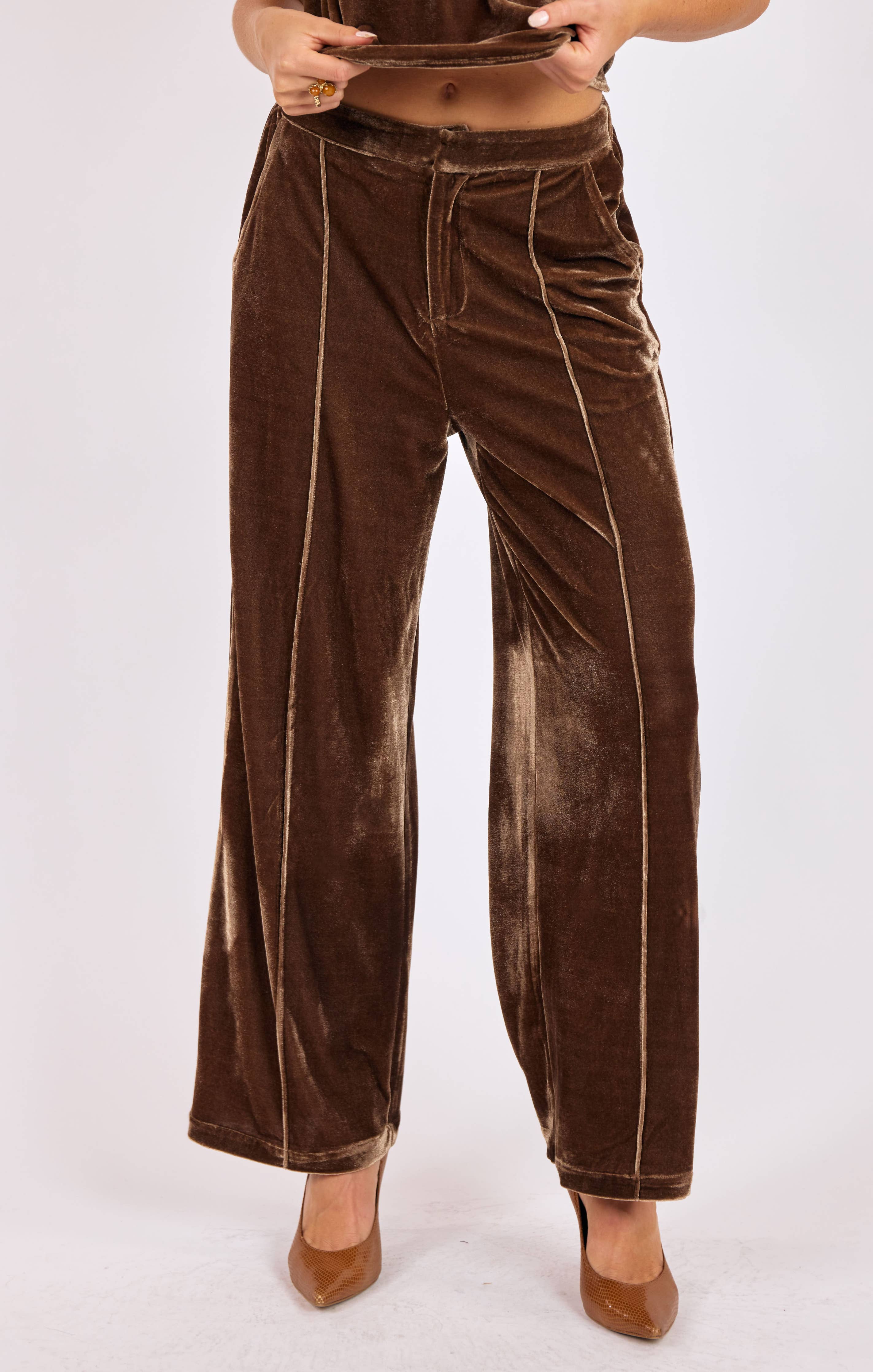 Twilight Spell Stretch Velvet Pin Tuck Trousers : MOCHA