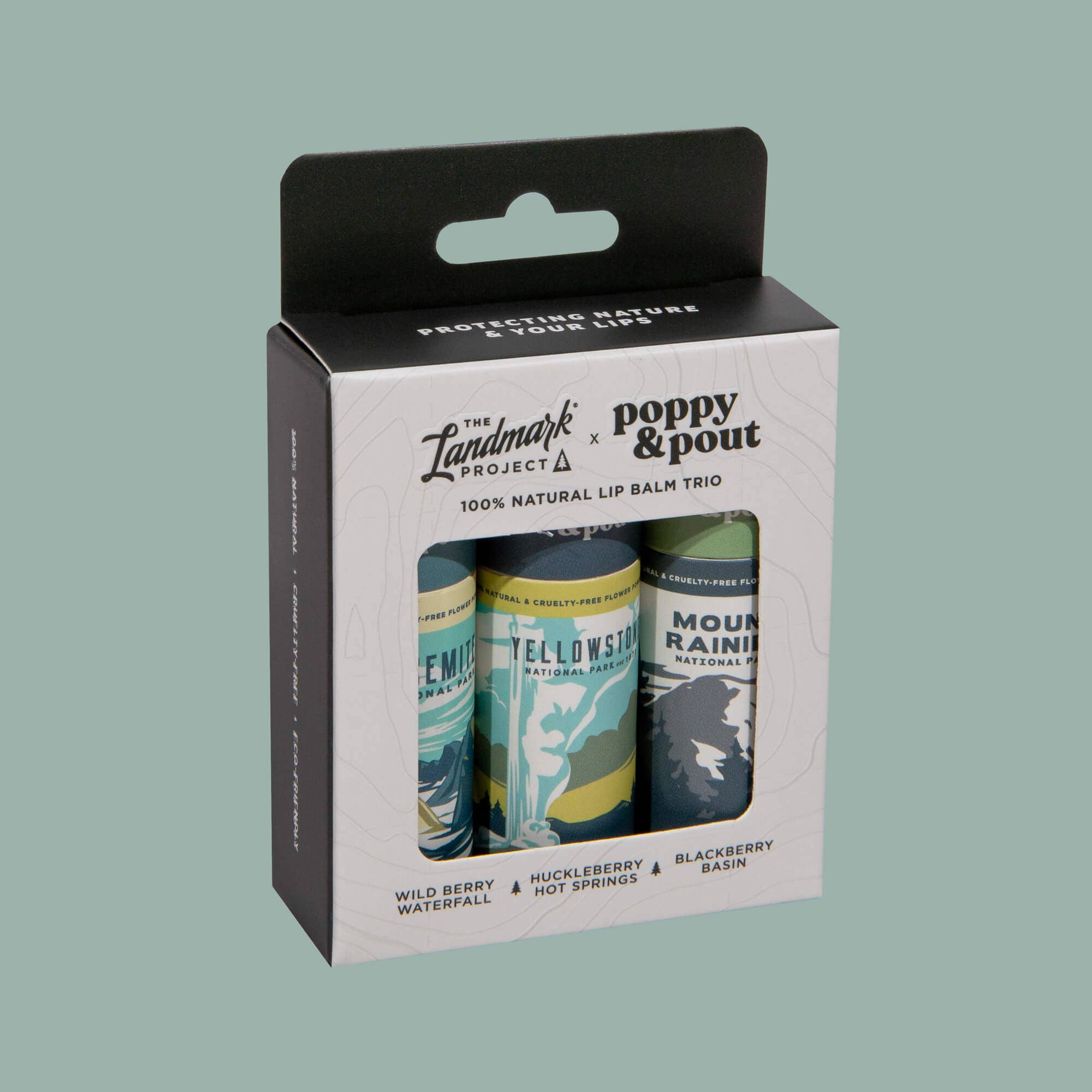 Packaging of Poppy & Pout lip balm trio with Landmark Project branding on a light gray background