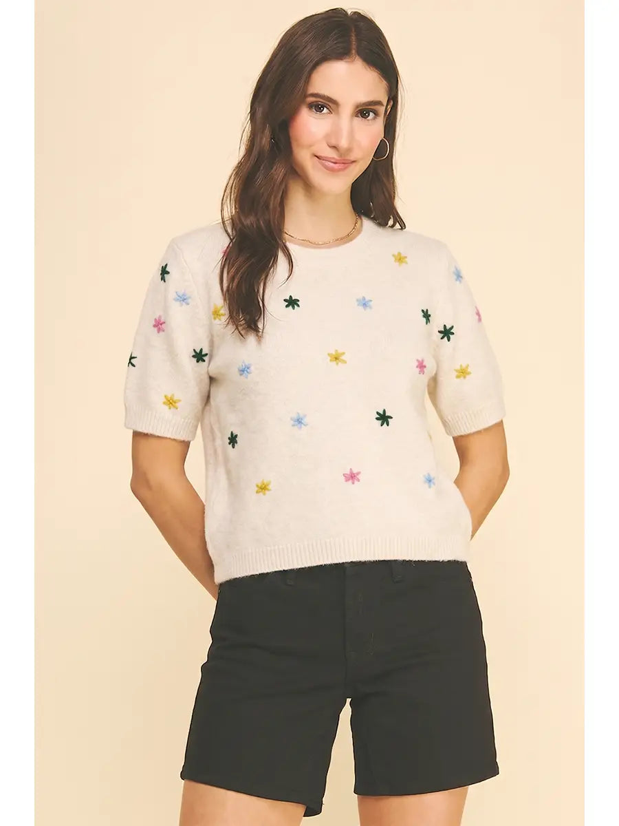 Floral Embroidered Short Sleeve Sweater