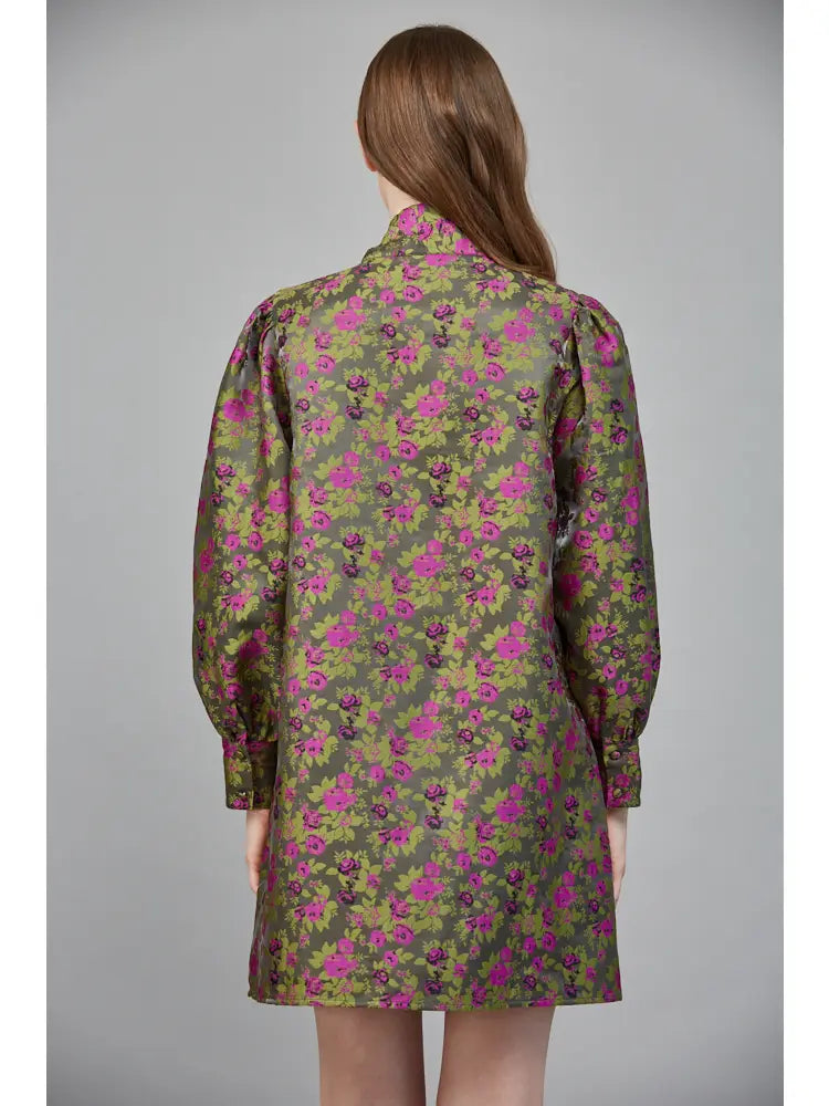 Floral Pattern Jacquard Fabric Bow Tie A-Line Dress