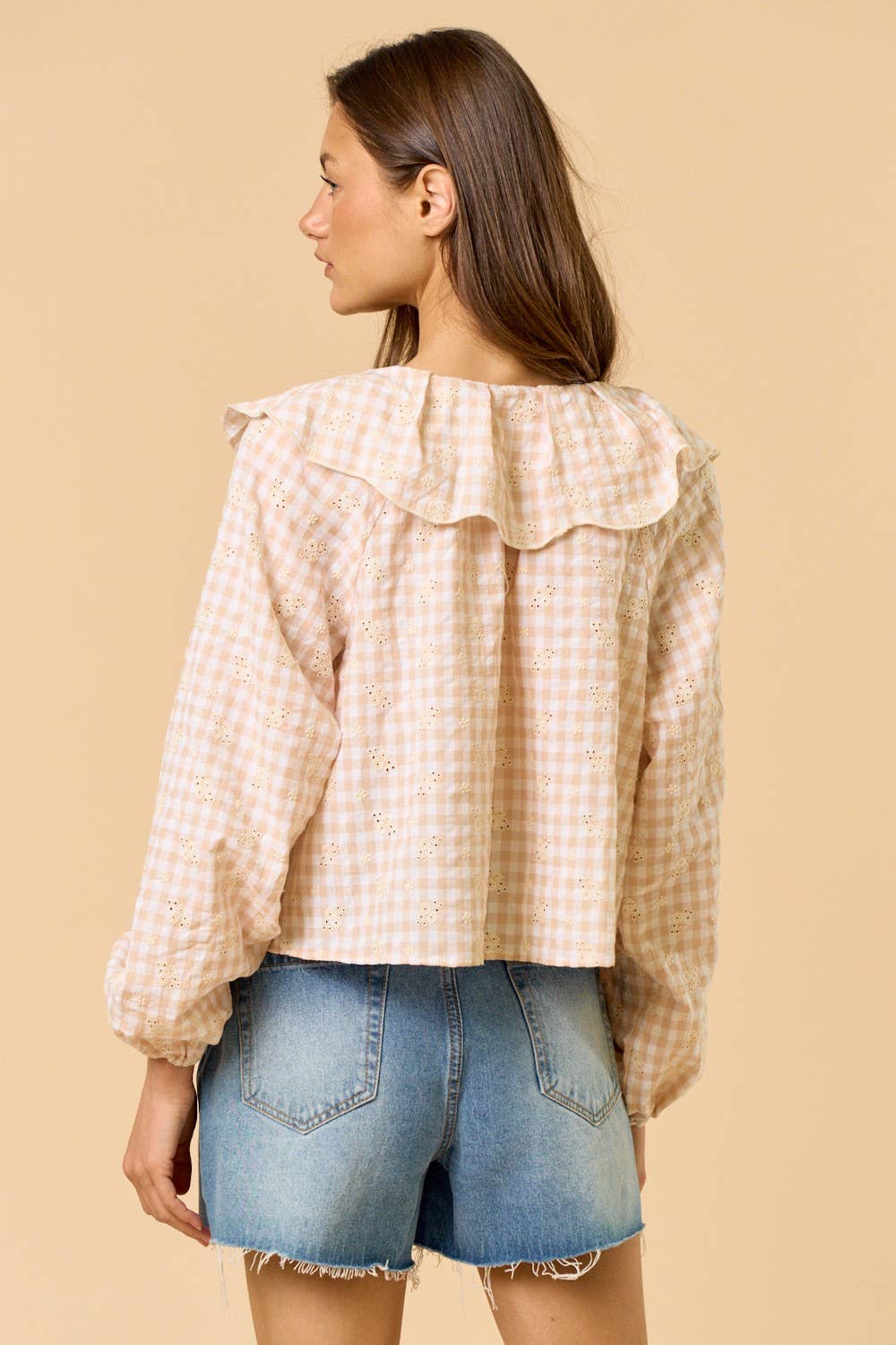 Gingham Eyelet Front Tie Ruffled Collar Top