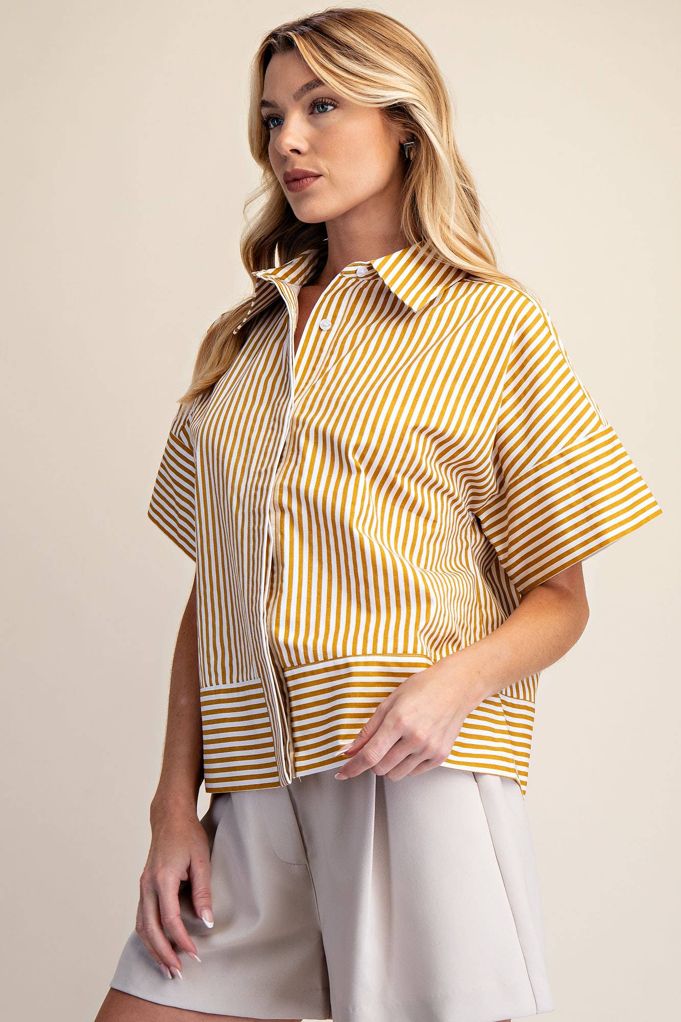 Neck Band Short Sleeve Button Down Top