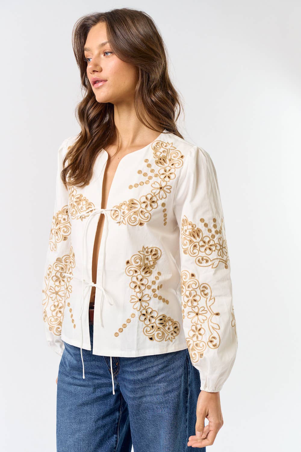 Floral Embroidered Front Tie Top