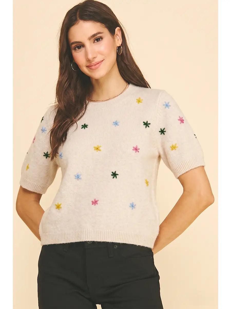 Floral Embroidered Short Sleeve Sweater