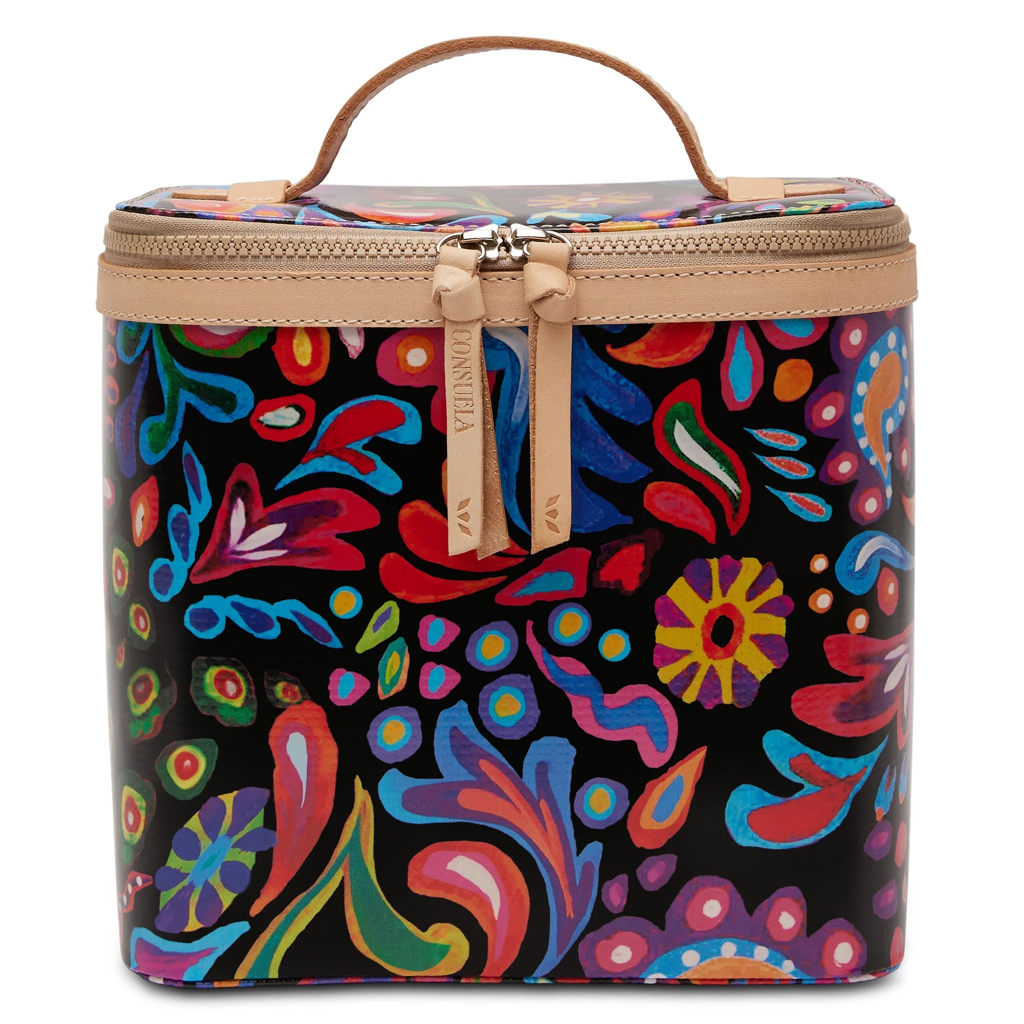 Colorful floral-patterned suitcase with a beige handle on a white background