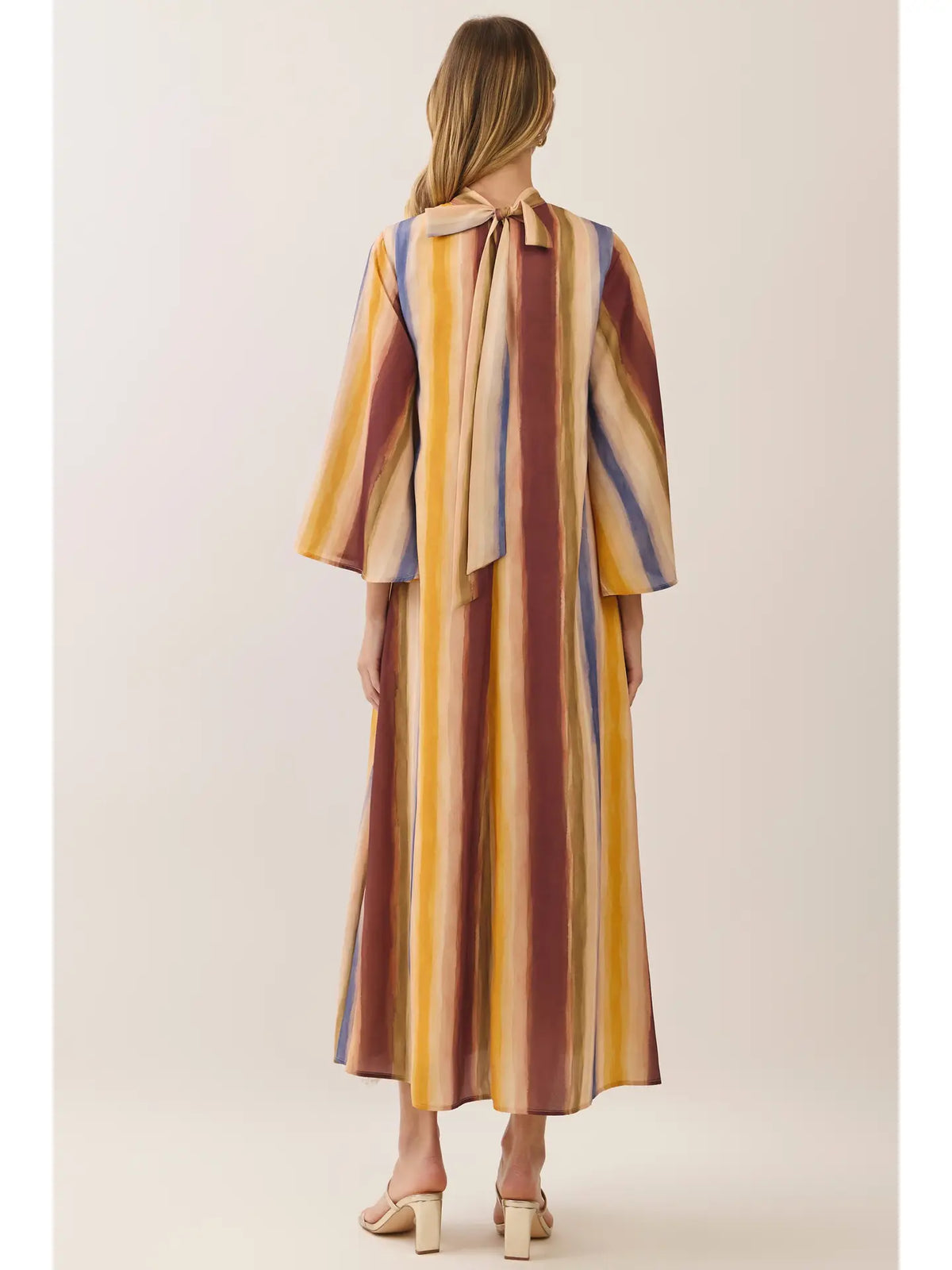 Women's Watercolor Striped Tie Neck Maxi Dress