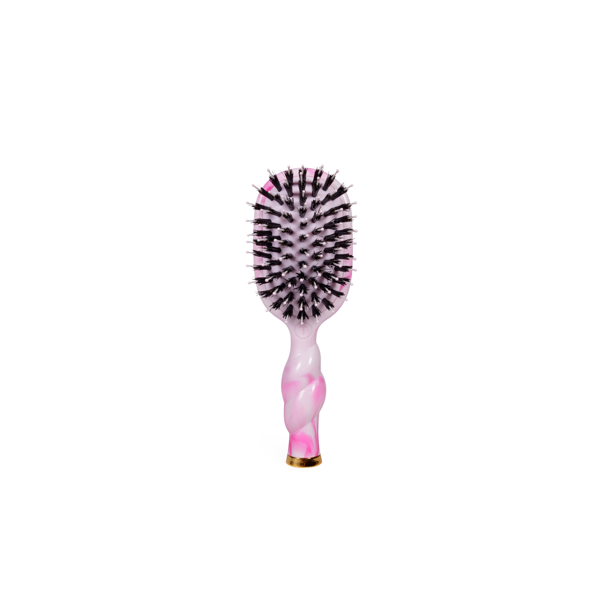Pink and black hairbrush on a white background