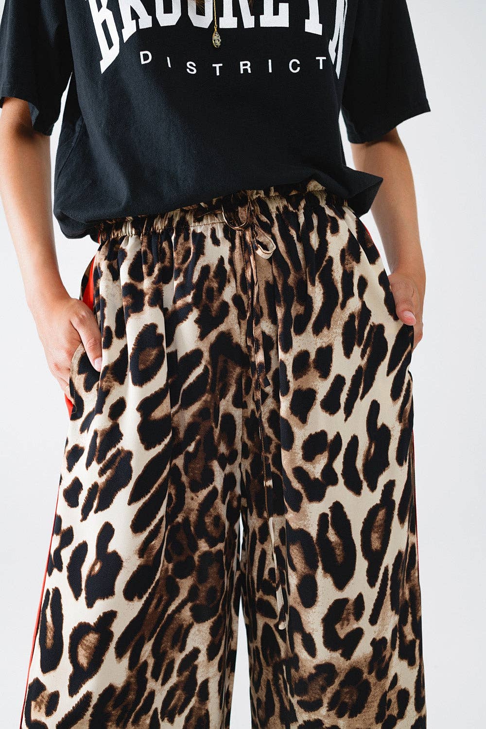 Leopard Straight Pants With Red Stripes