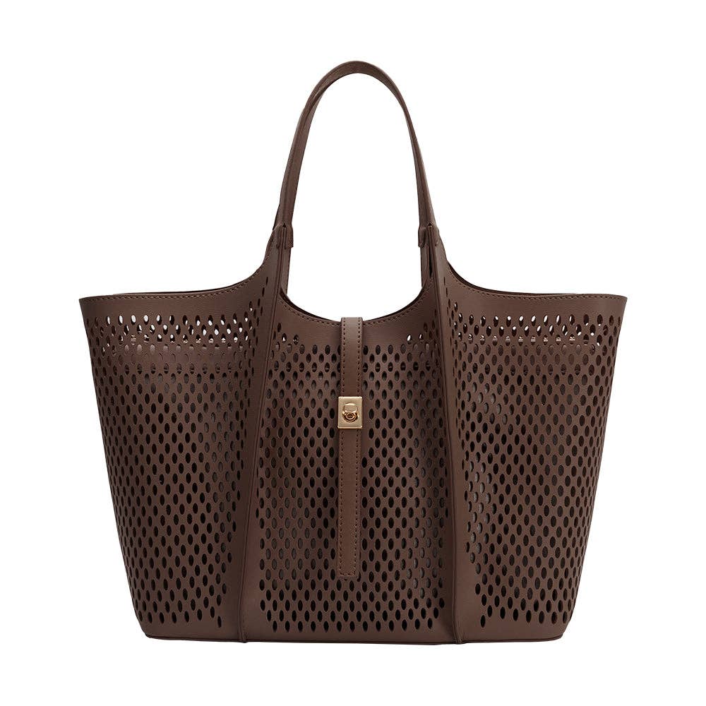 Malia Chocolate Laser Cut Leather Tote Bag