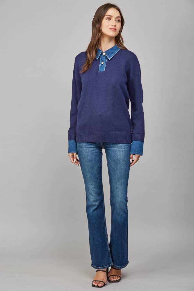 DENIM SHIRT COLLAR DETAIL SWEATER TOP