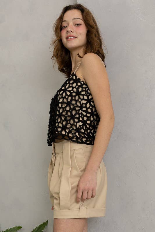Crochet Floral Spaghetti-Strap Top