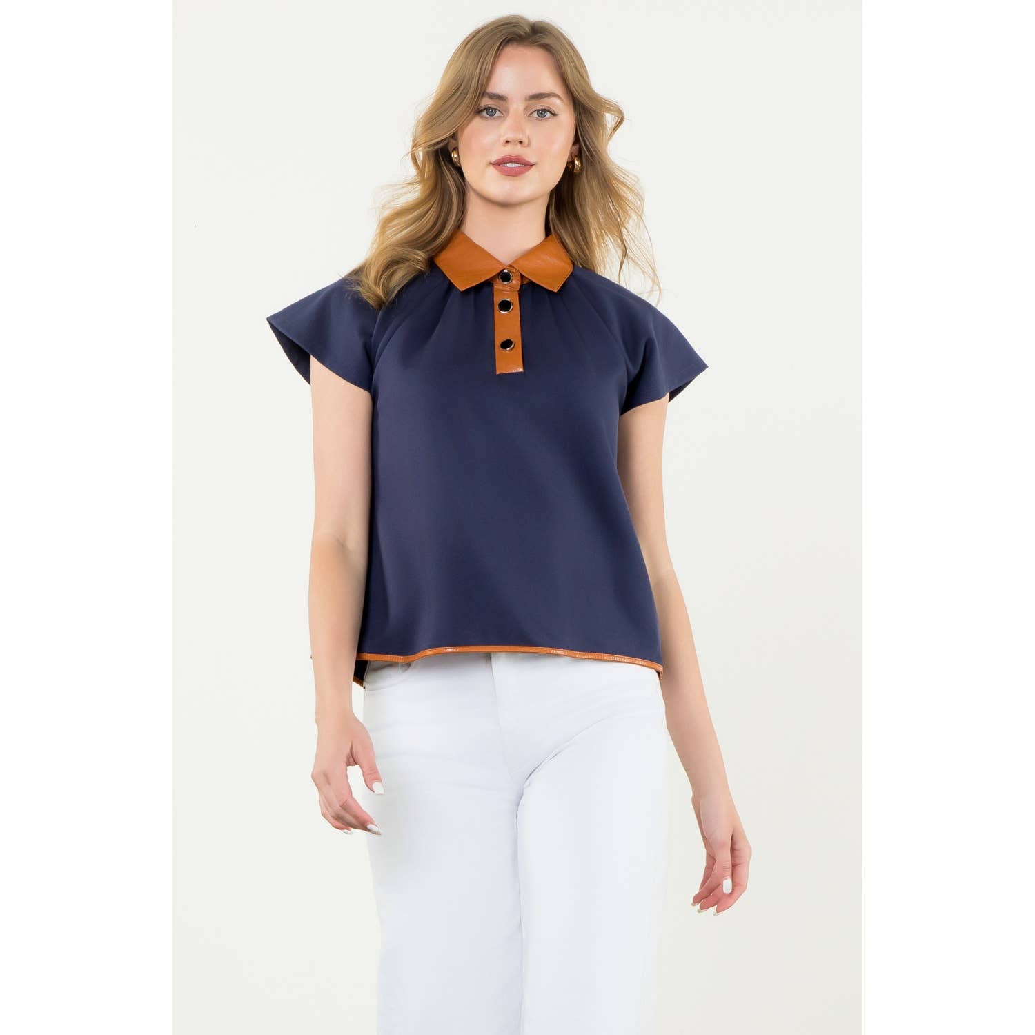 Contrast Collar Faux Leather Top