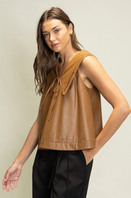 Leather Pintuck & Lace Top