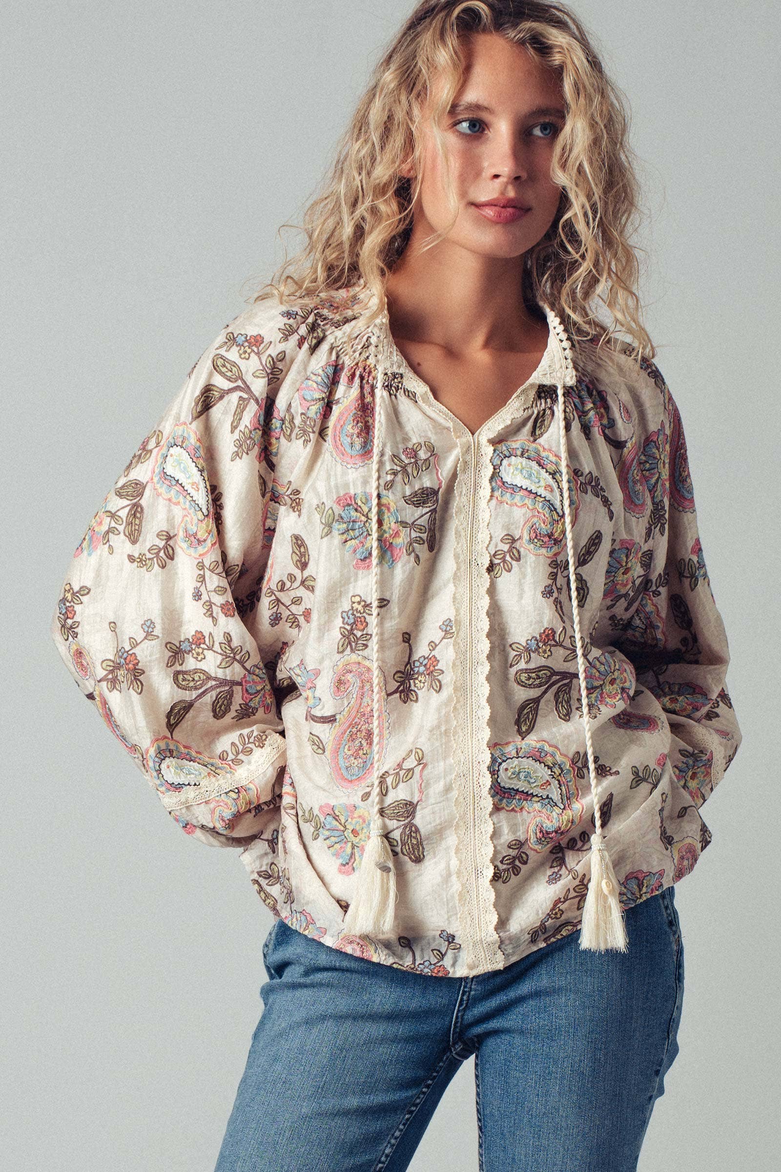 Embroidered Boho Paisley Blouse Top
