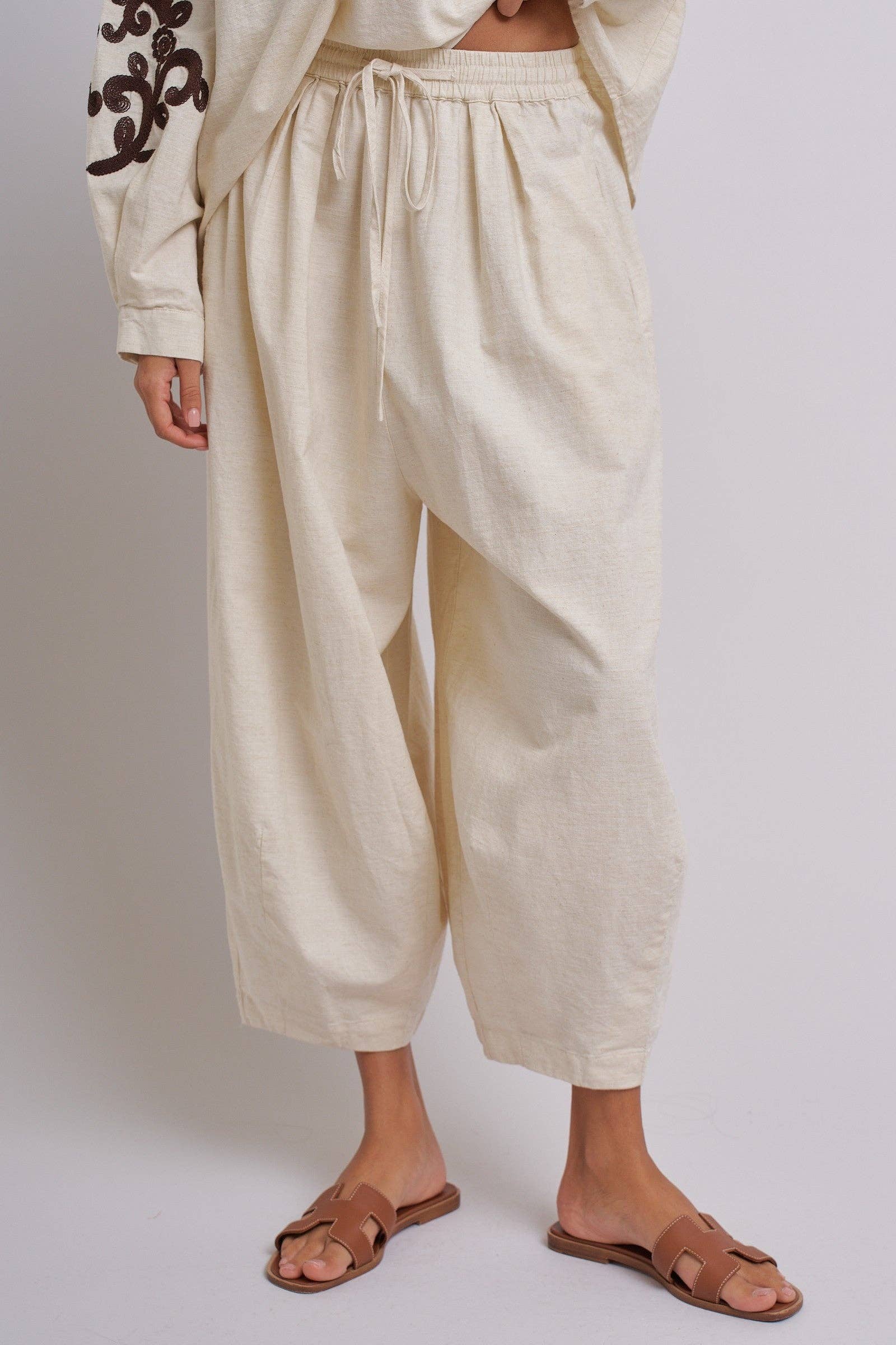 Linen Drawstring Cocoon Pants with Elastic Waist