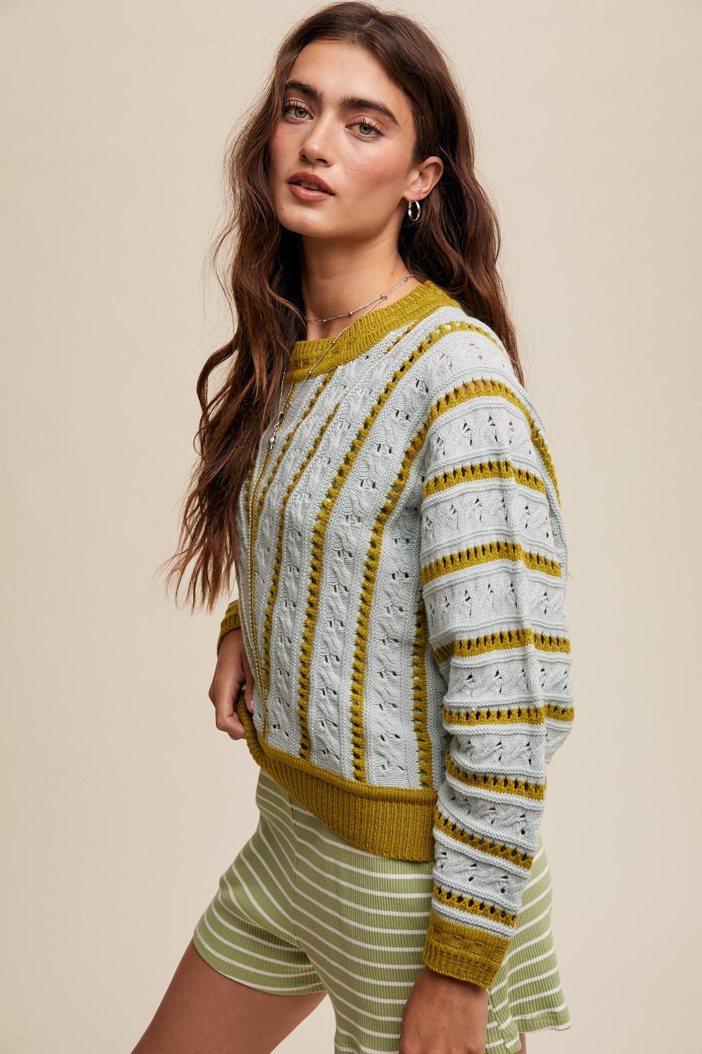 V- Striped Pointelle Light Weight Knit Sweater