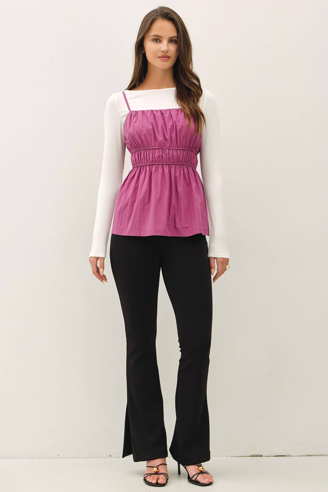 RUCHED CAMI TOP W SOMKED WAIST AND PEPLUM HEM