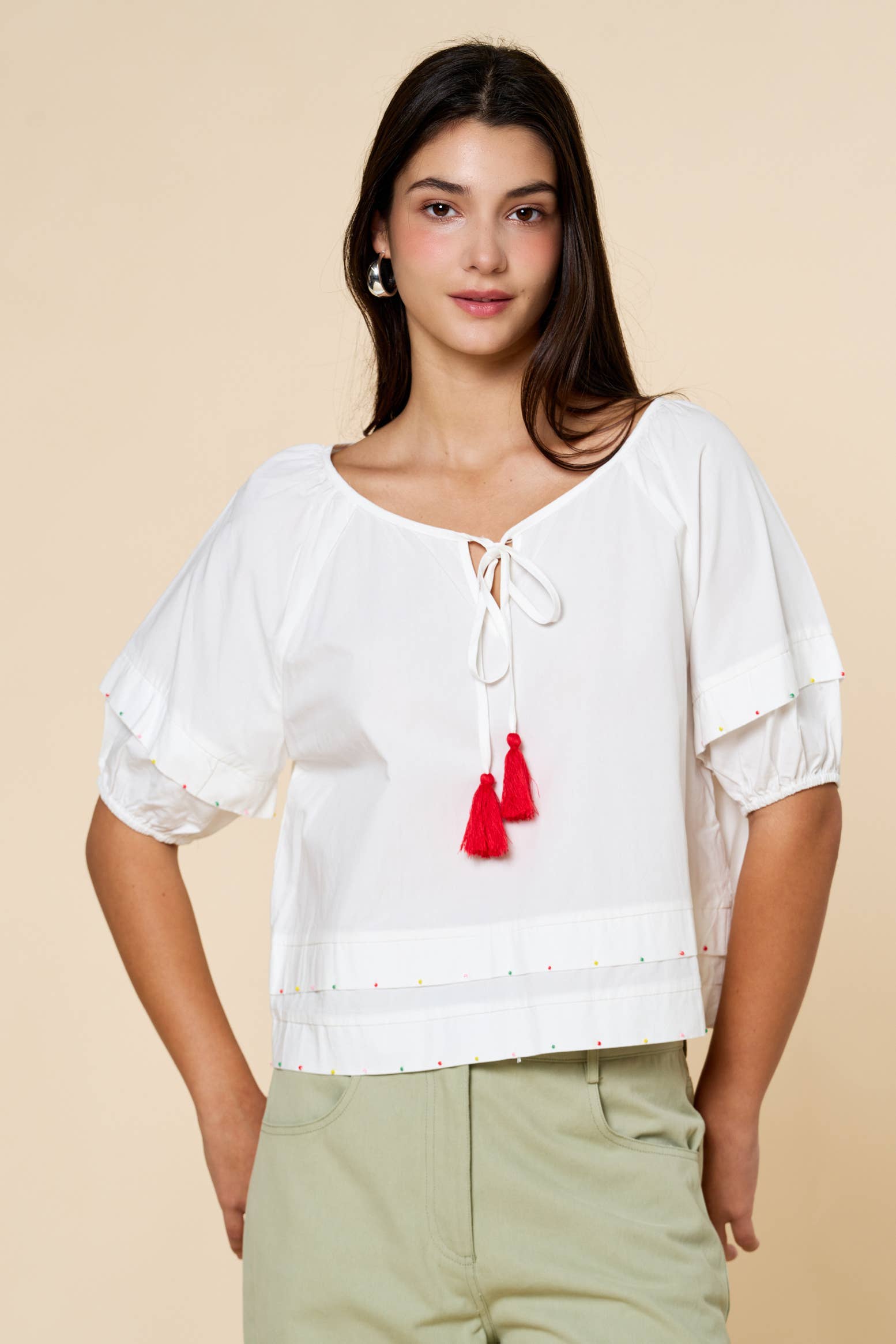 White Tassel Tie Blouse