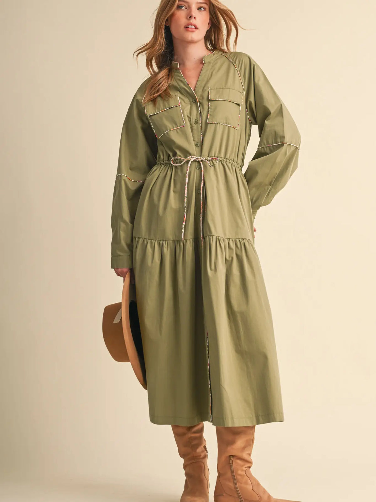 Women's Utility Midi Dress with Contrast Piping Trim