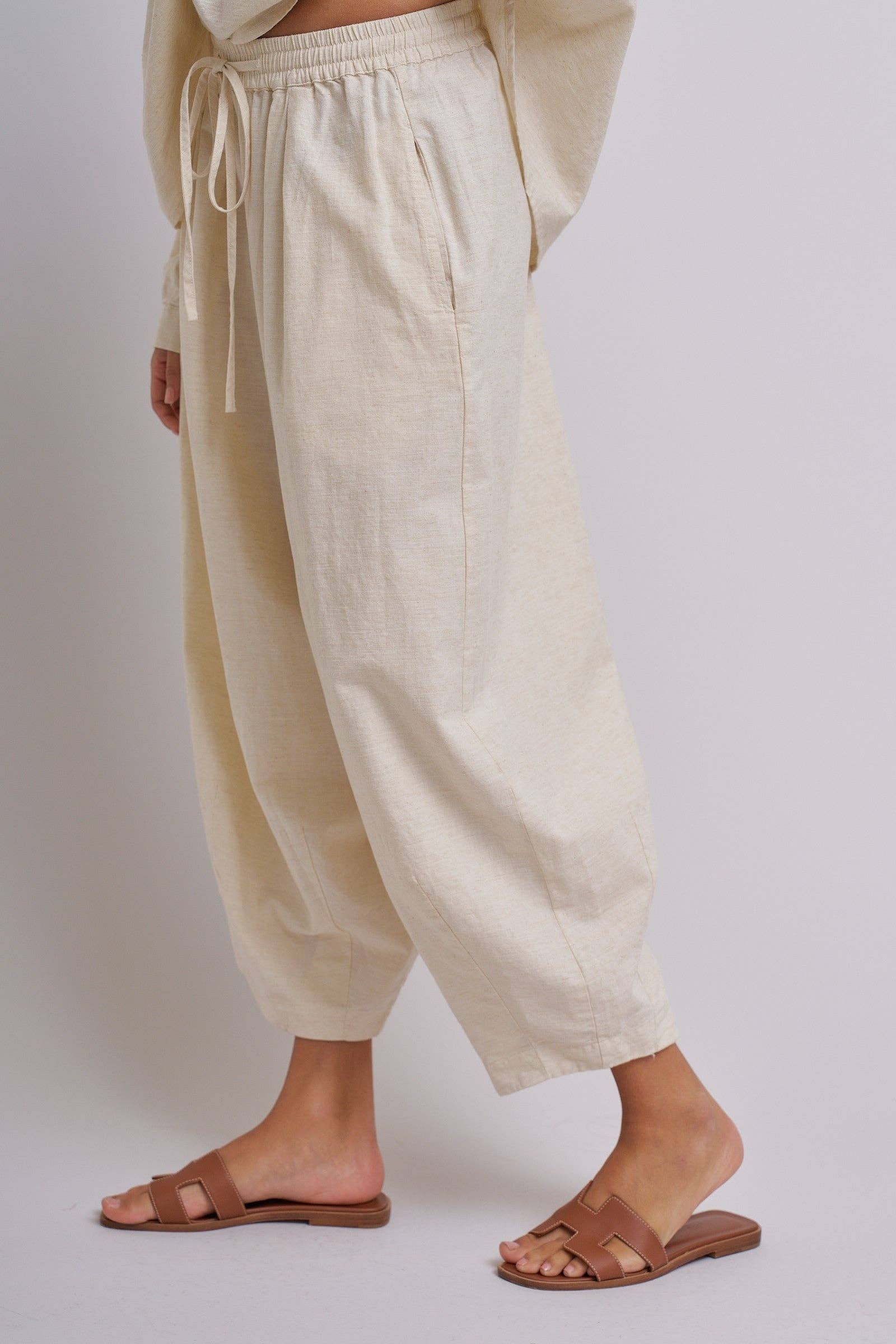Linen Drawstring Cocoon Pants with Elastic Waist