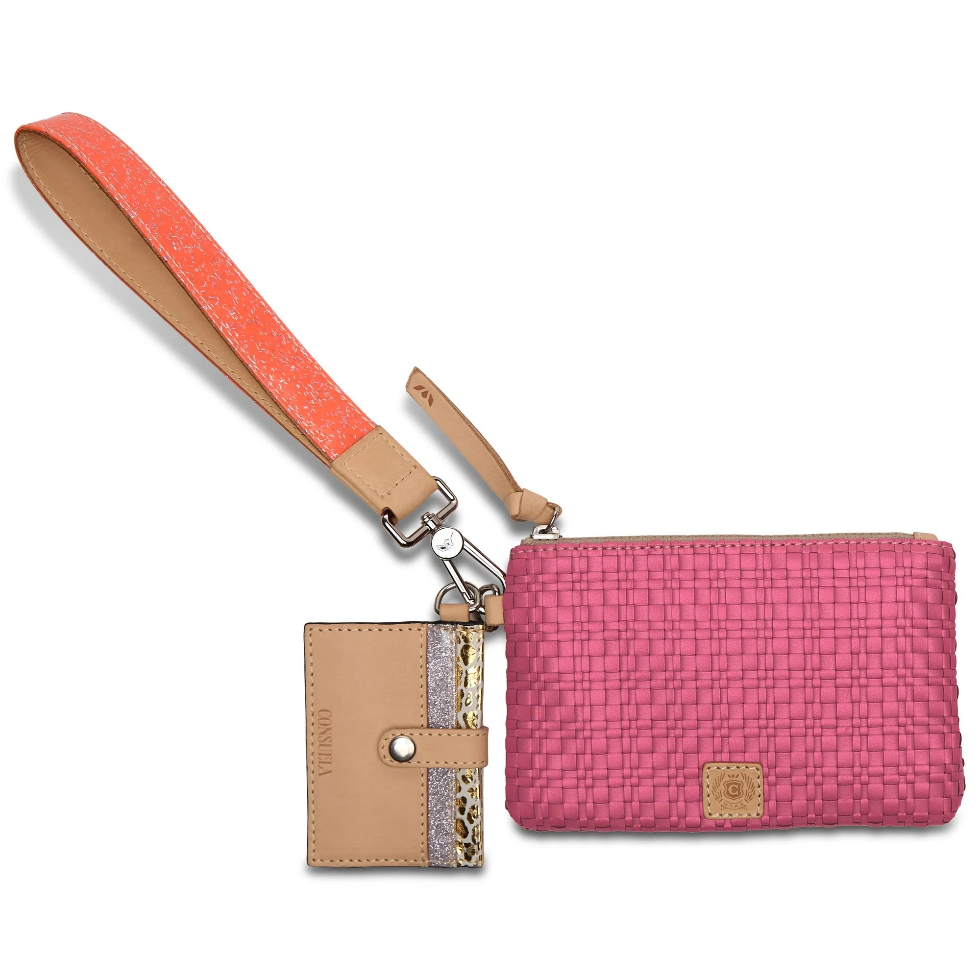 Pink woven clutch with a strap and cardholder on a white background