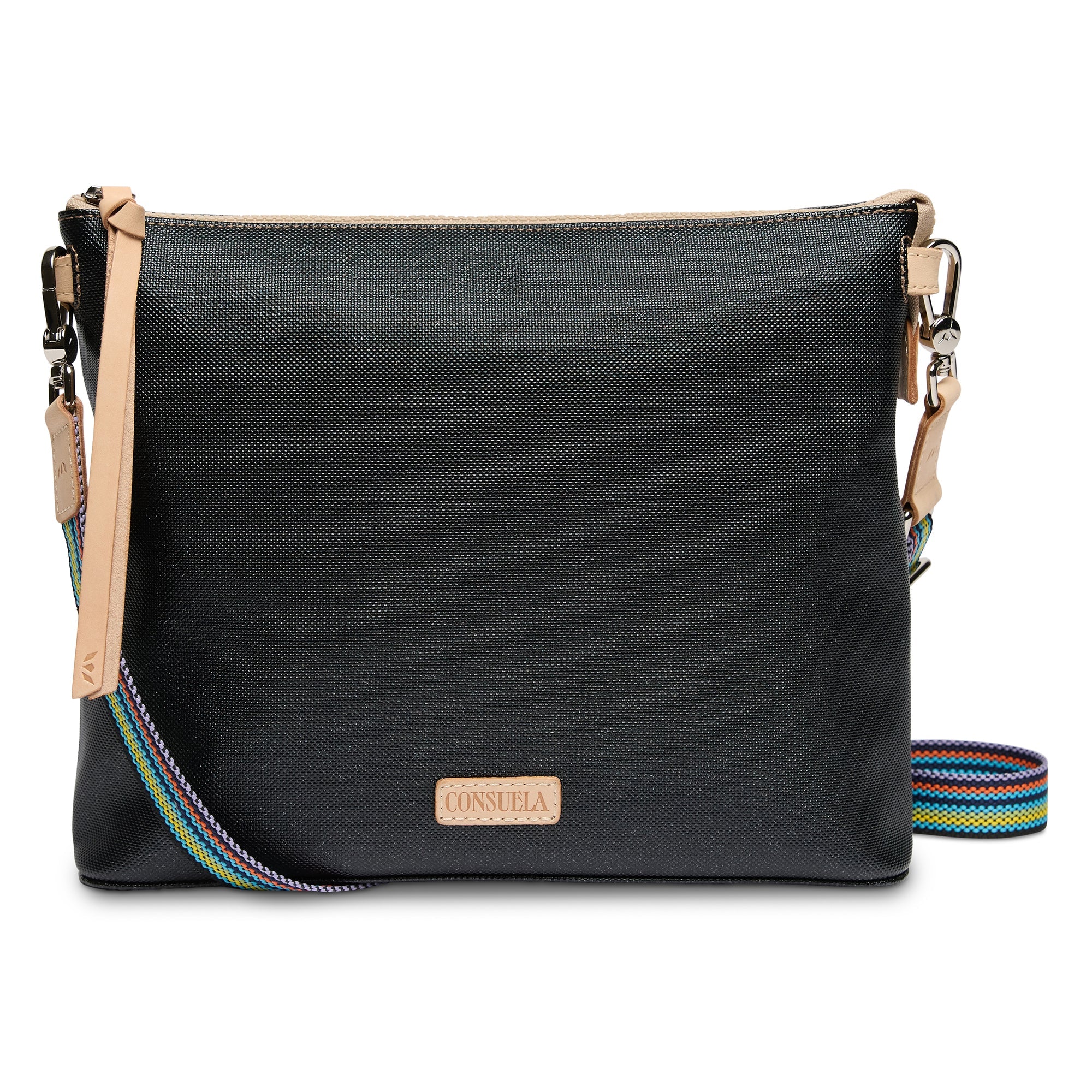 Black crossbody bag with colorful strap on a white background