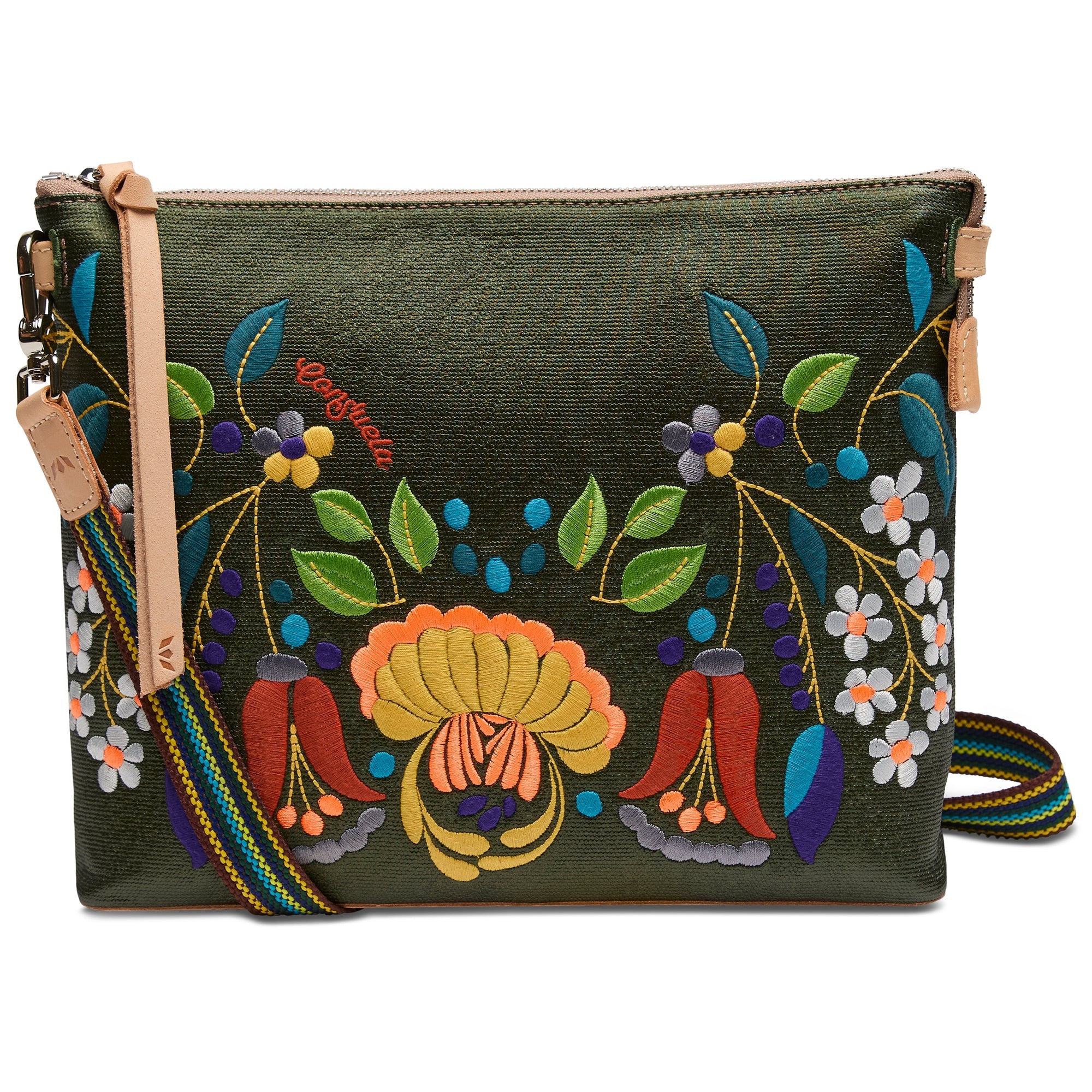 Green handbag with colorful floral embroidery on a white background