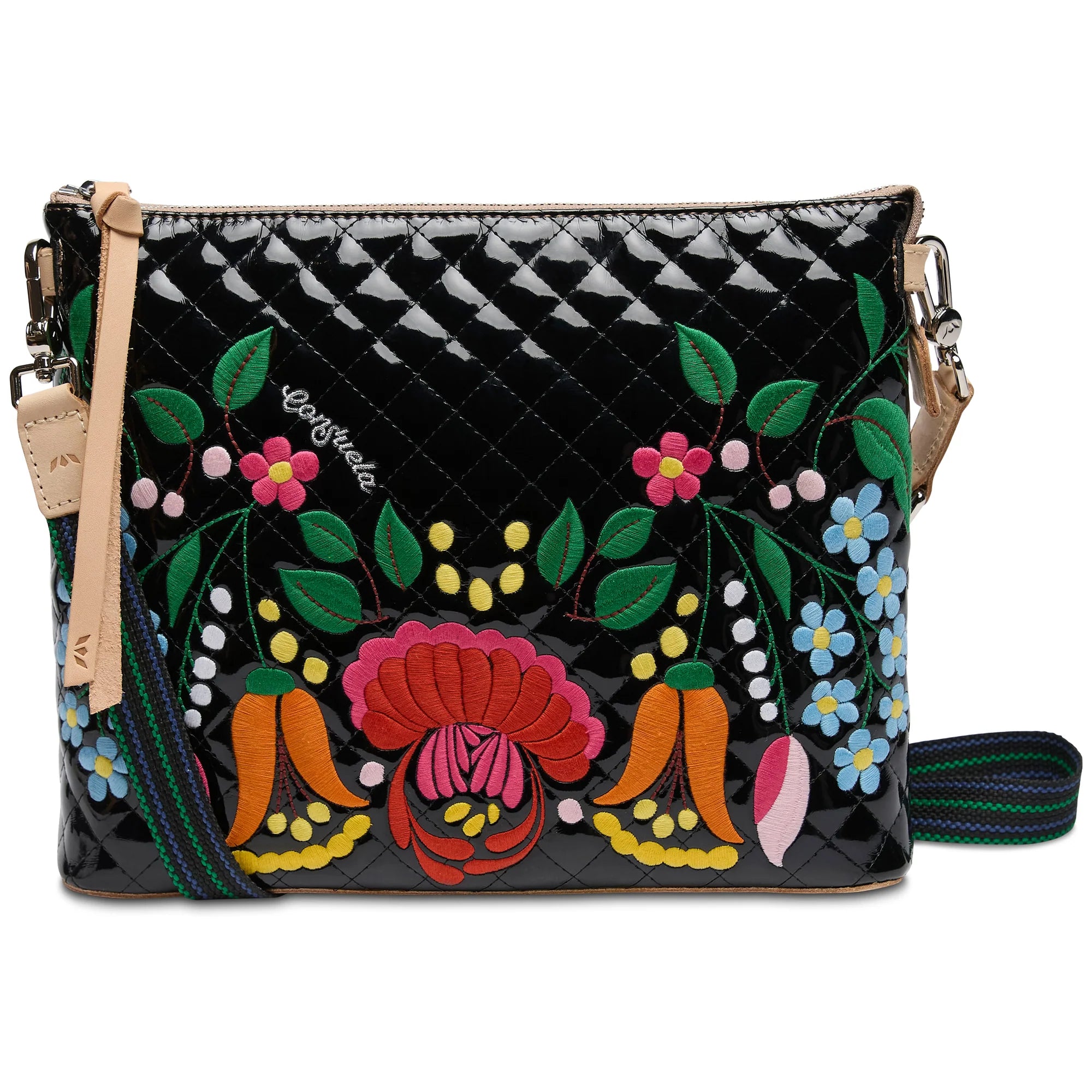 Floral embroidered handbag with a black and white checkered pattern on a white background