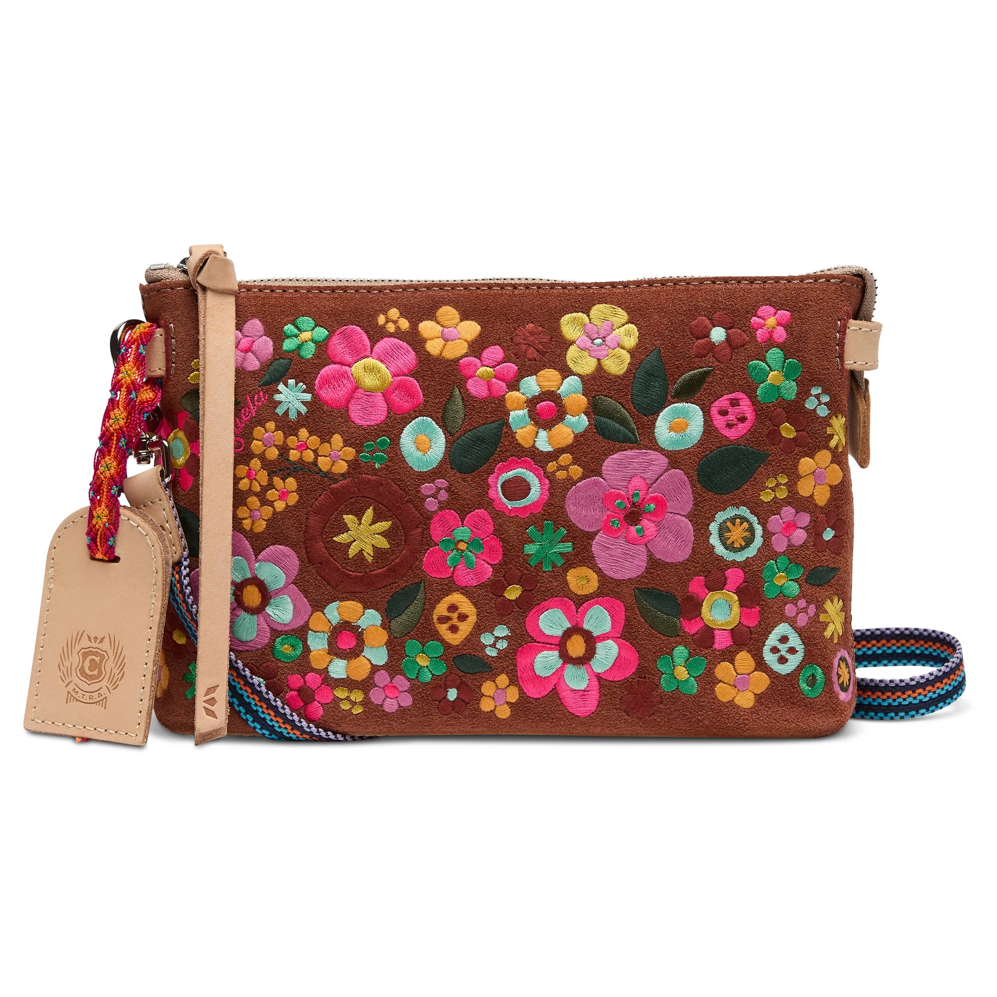 Brown handbag with colorful floral embroidery on a white background