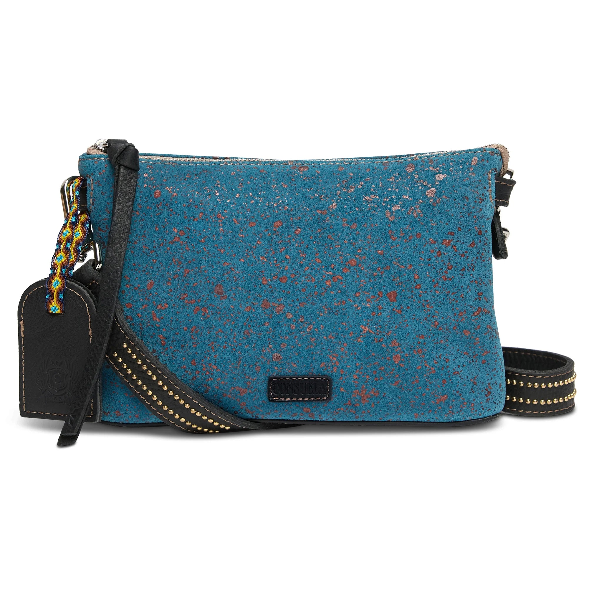 Blue speckled handbag with black strap on a white background
