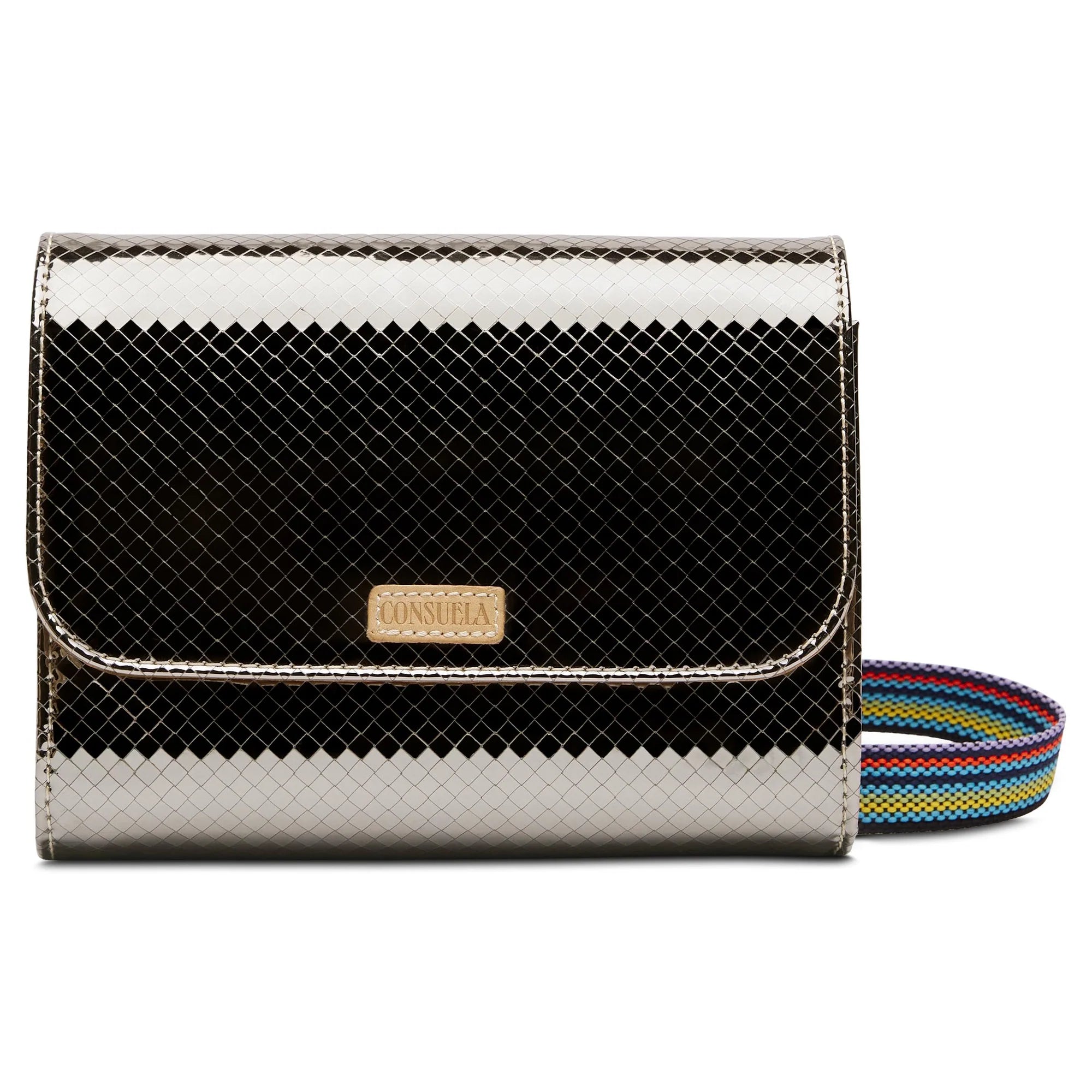 Black and silver woven handbag with a colorful strap on a white background