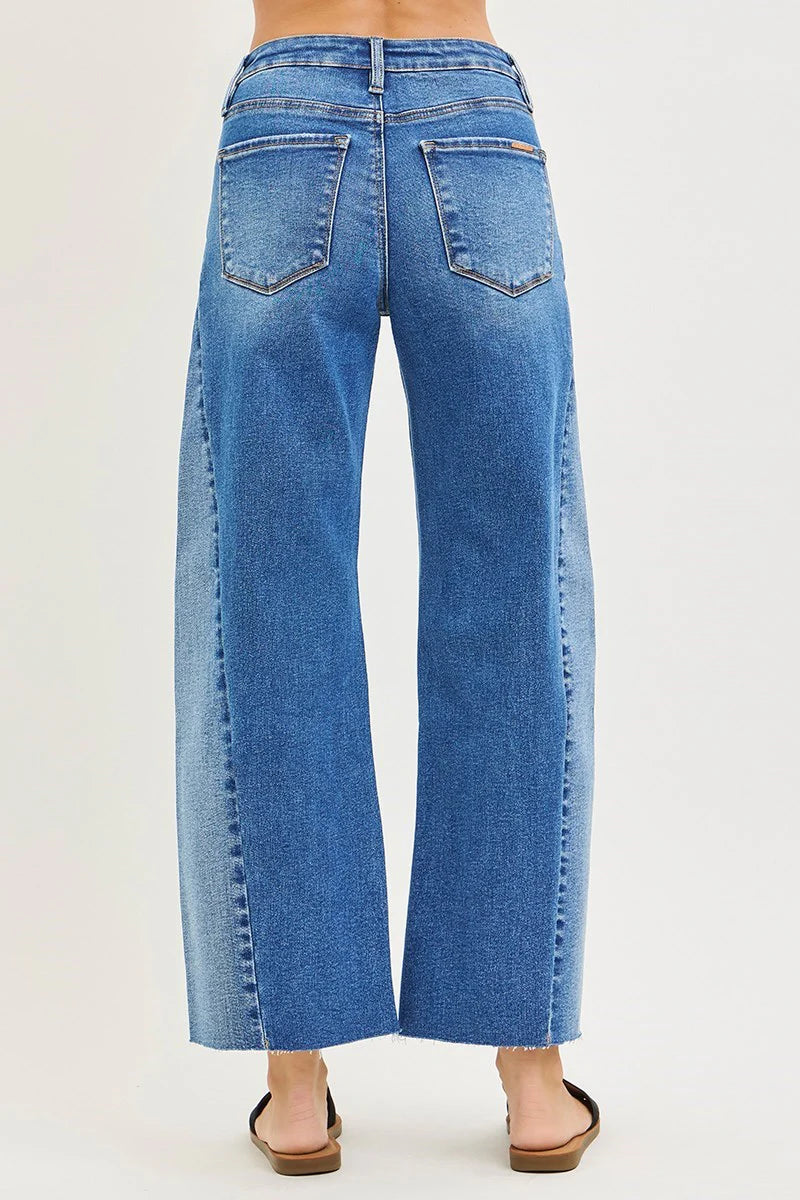 Risen Jeans | Slouchy Cropped Barrel Blue Jeans with Contrast Wash
