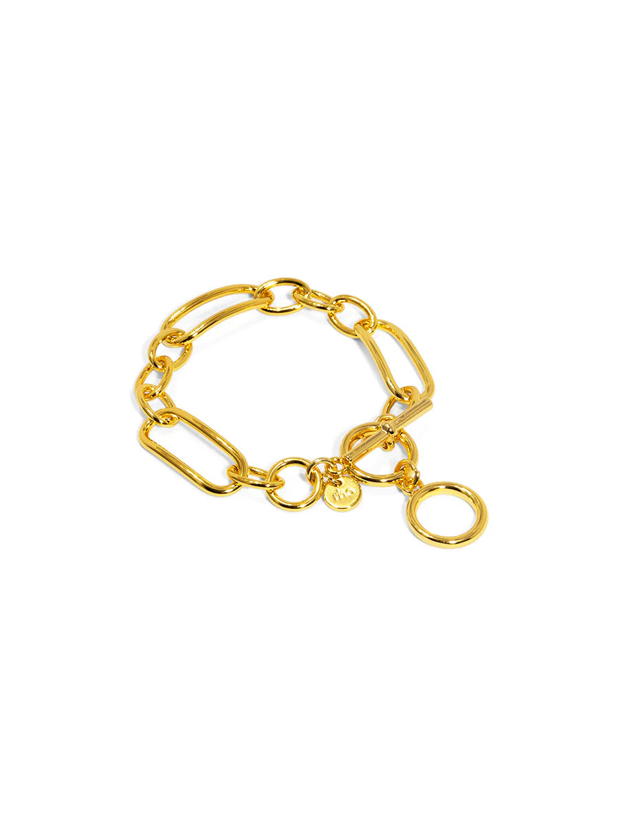 Gold chain bracelet with a clasp on a white background