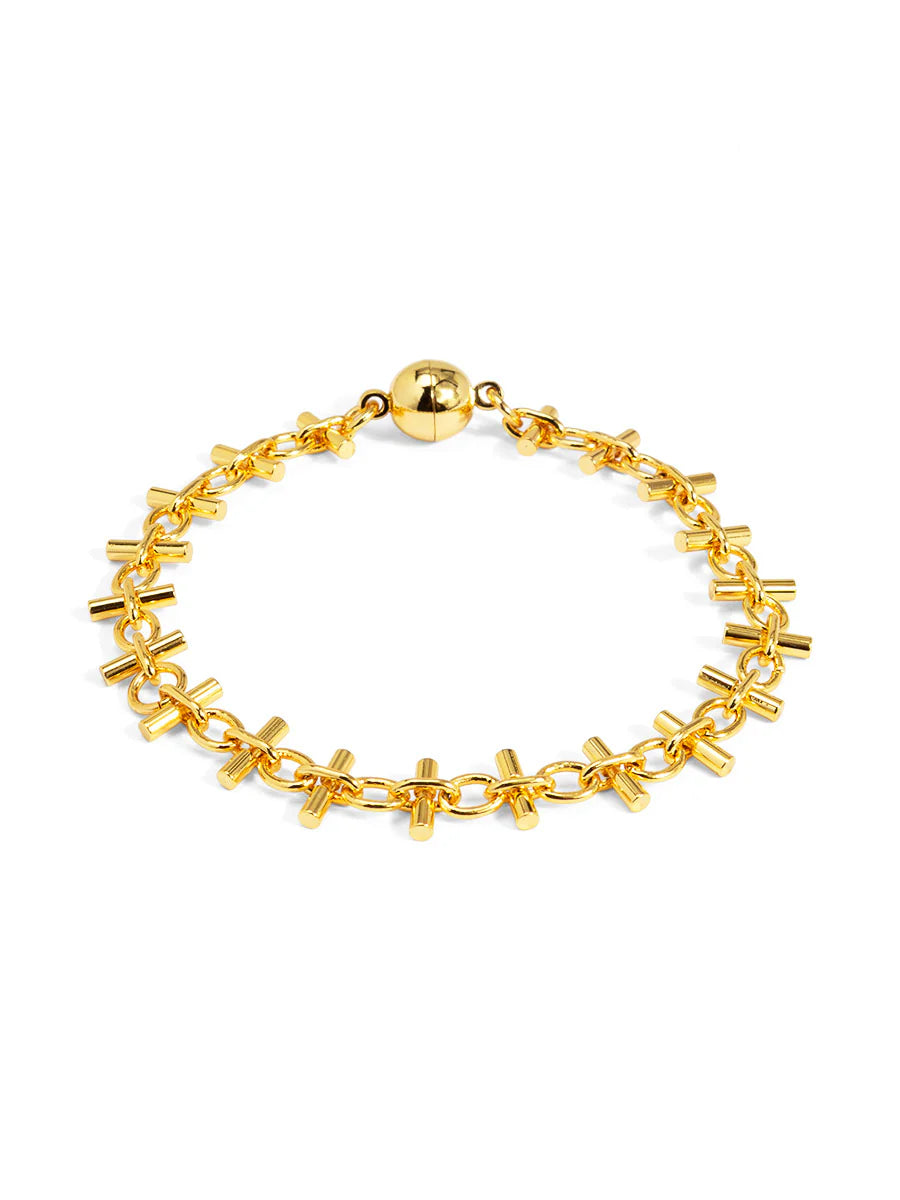 Gold bracelet with chain design on a white background