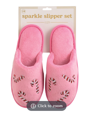 Pink slipper set with candy cane design on a white background