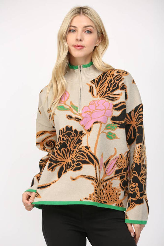 FLORAL JACQUARD KNIT MOCK NECK